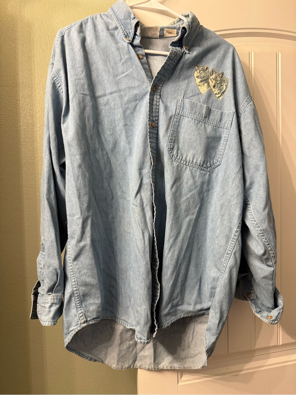 Artisan Light Blue Denim Button-Down Shirt with Wolf Patch
